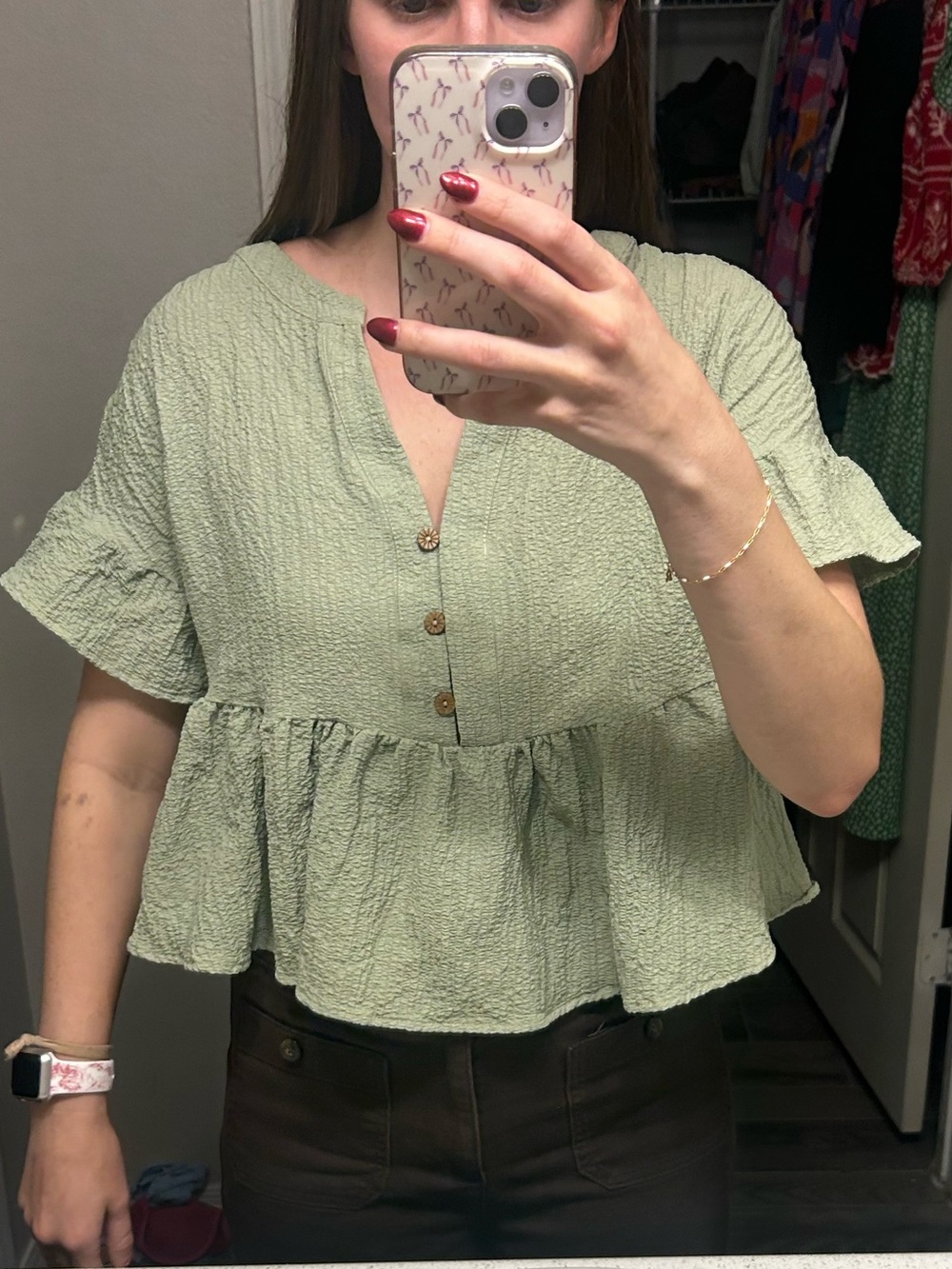Light Green V-Neck Ruffled Peplum Blouse